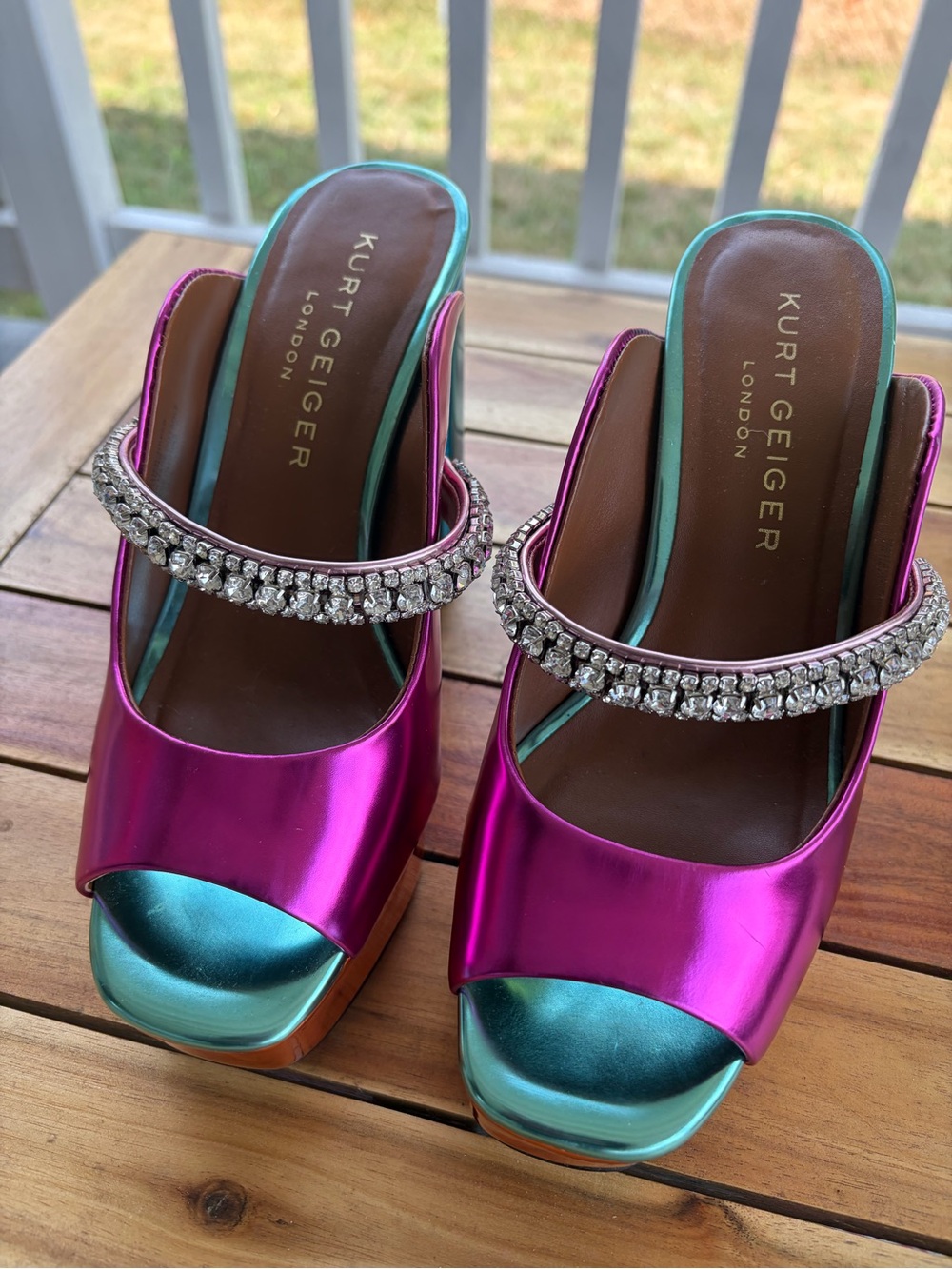 Kurt Geiger Metallic Fuchsia & Teal Crystal-Embellished Platform Slides